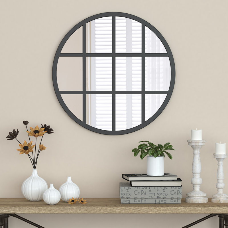 Metal Flat Wall Mirror with Hooks, Black