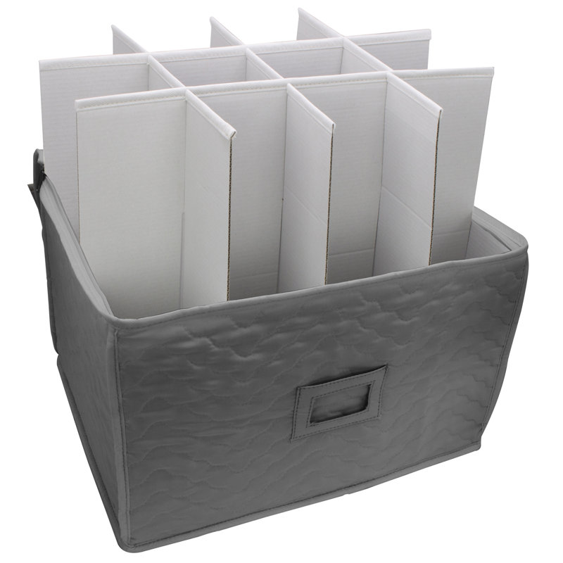 Gray Quilted Fabric Lidded Stemware Storage Box with Dividers