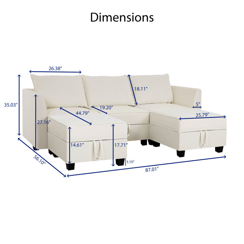 Myshia Modular Reversible U-Shaped Sectional Sofa with Double Ottoman Linen Couch with Storage Seat, White 100% Linen
