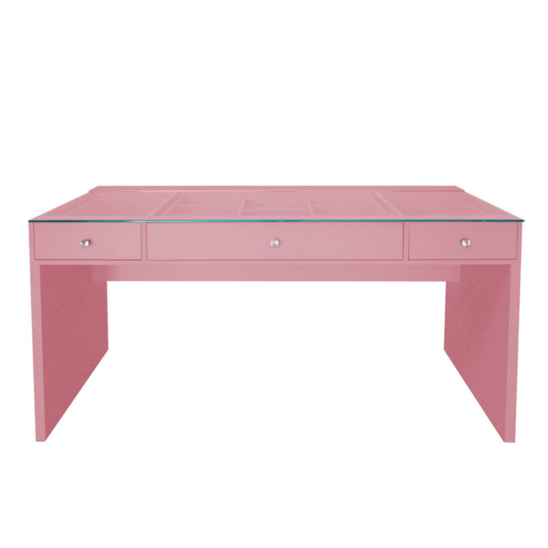 SlayStation Naomi Vanity Table with Glass Tabletop, 4 Drawer Units Bundle Makeup Desk with Clear View Glass Top, Pink