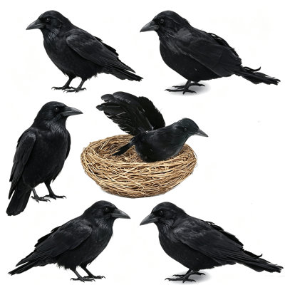 7Pcs Halloween Artificial Black Crow Decorations, Realistic Feathered Fake Raven Birds Set, 6 PCS Crows and 1 PCS Bird Nests Lifelike Black Crows Ornaments for Halloween Party, Tree, Home, Yard, Haunted House Decor