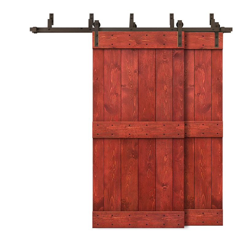 Porte de grange double à panneaux en bois teinté à panneau Mid-Bar, 56 po x 84 po, Rouge cerise