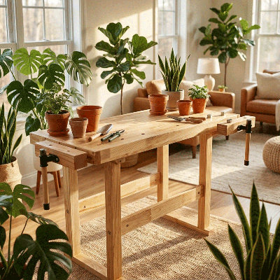 Table de travail 39 po en bois d'hévéa robuste avec poignée réglable pour atelier bricolage