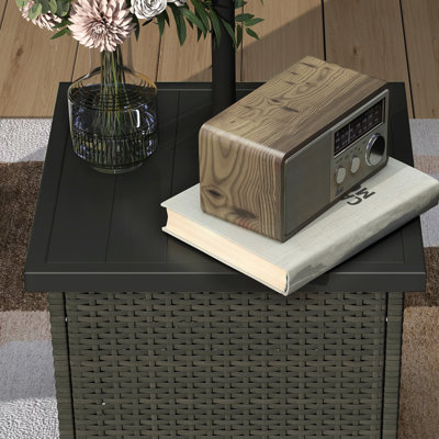 All Weather Wicker Side Table with 1.5" Umbrella Hole, Square Outdoor End Table with UV-Resistant Frame, Storage Space for Patio, Mixed-Brown