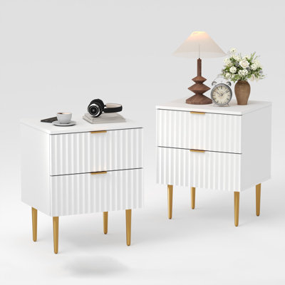 Mid-Century Nightstand Set, Bedside Table with 2 Drawers & Metal Legs, Fluted End Table for Bedroom
