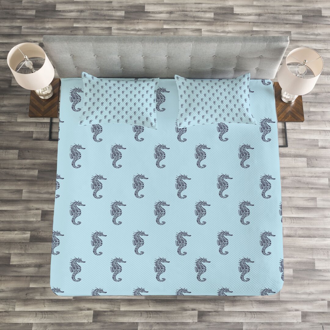 Gestepptes Bettdecken-Set, Tropical Aquatic Theme, Seahorse, Baby Blue und Indigo