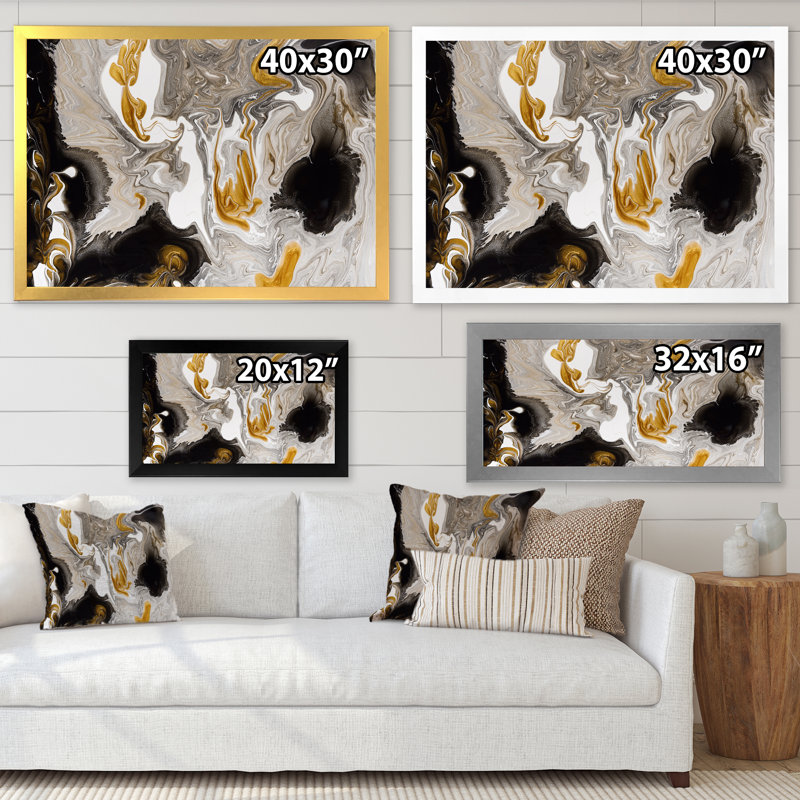 Or et vagues de marbre noir I - peinture sur toile, H 12 po x l 20 po, Impression encadrée, Argent