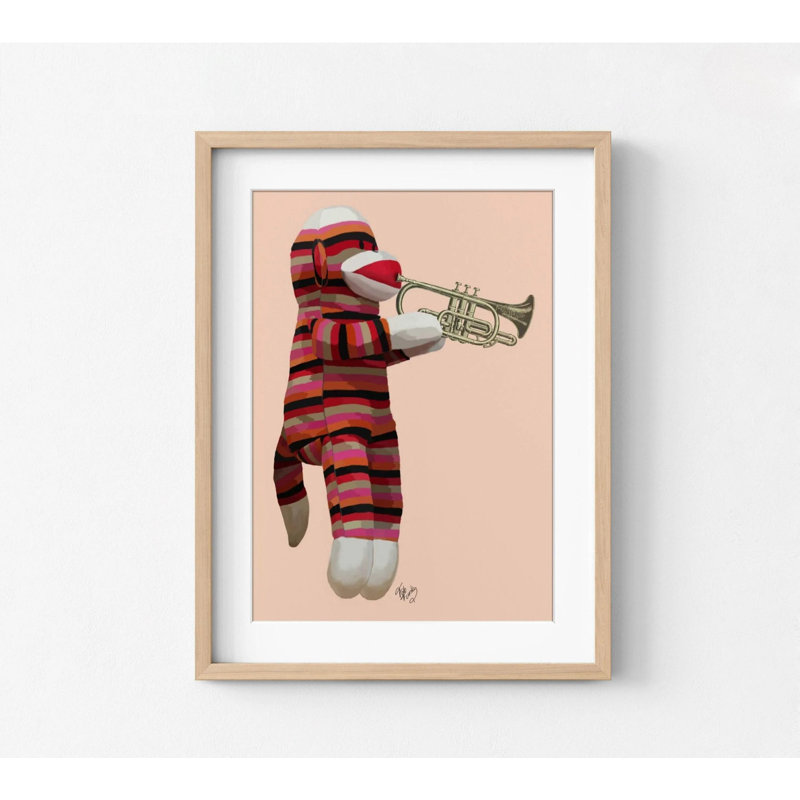 Reproduction de singe musical rouge, art de classe de chaussettes de musique, impression d'affiche de trompette, impression d'affiche de singe mignon