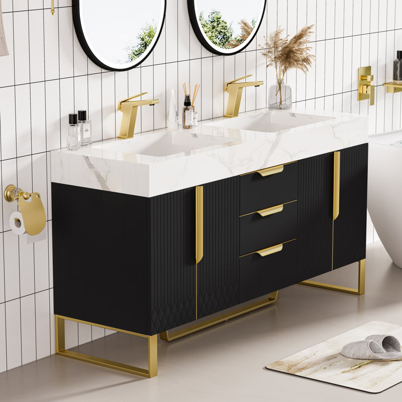 Aro 59" Double Sink Freestanding Bathroom Vanity Drawers & Doors Faux Marble Top, Brown
