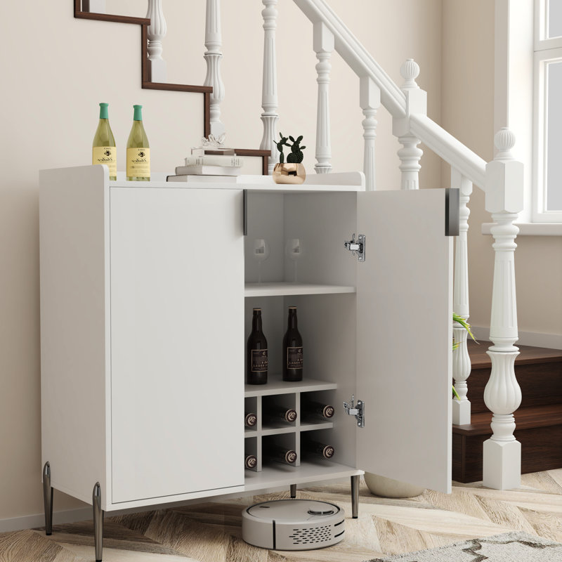 Bar à vin de salon avec support, charnières à fermeture douce et comptoir spacieux, tablette ajustable blanche à 2 portes, dispositif de basculement,