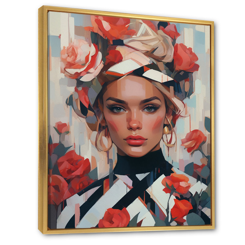 «Floral Fashion Woman I» sur toile, H 44 po x l 34 po x P 1,5 po, Cadre flottant doré