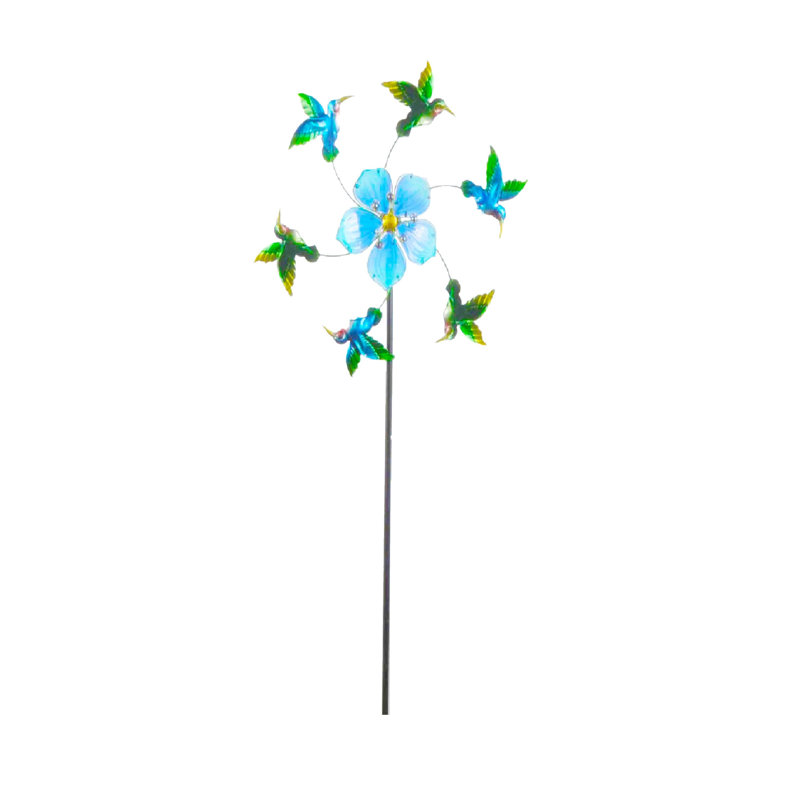 Blue Glass and Metal Flower Hummingbird Kinetic Garden Stake