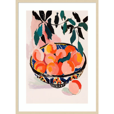 Fresh Peach Fruit Bowl by Treechild Wood Framed Wall Art Print