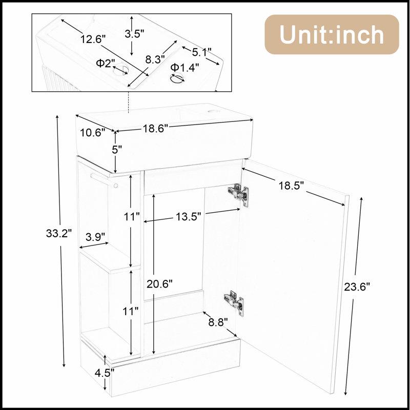 Meuble-lavabo de 18,6 po avec lavabo, tablette à deux niveaux et orientation personnalisable pour un rangement efficace et une conception élégante