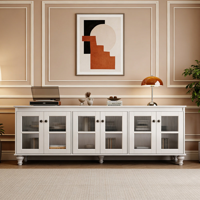 Meuble télé simple en verre rétro, H 28,34 po x L 78,74 po x l 15,74 po, Blanc