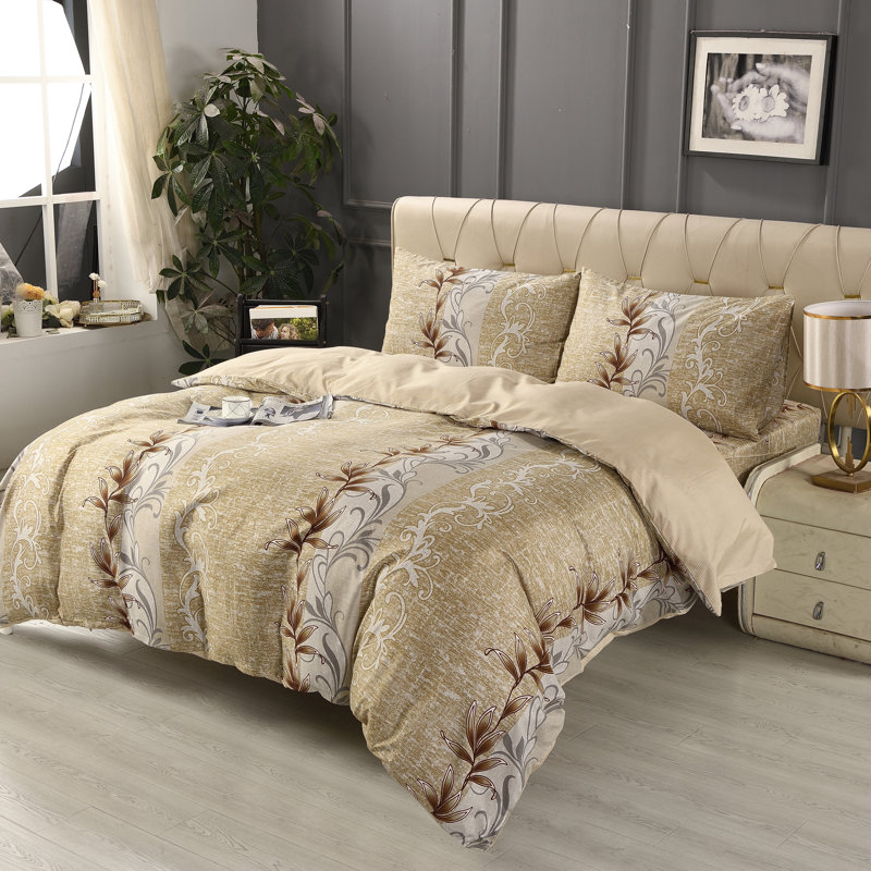 Bliss Complete Bedding Set Floral Beige Duvet Cover Fitted Sheet With Matching Pillow Case