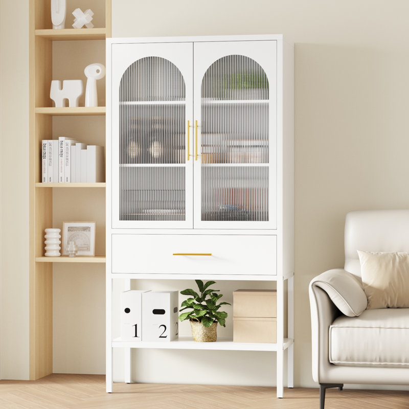 63"H Glass Display Cabinet With Drawer And Shelf, White