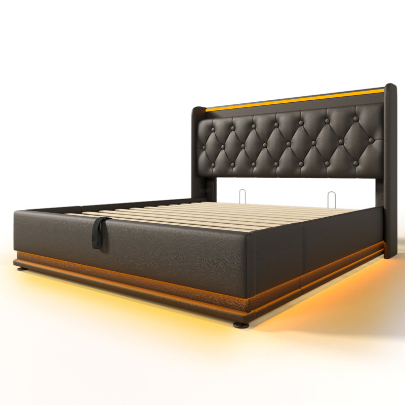 PU Upholstered bed, 360 surround LED function, Buttons/Apps/Remote Control, hydraulic storage bed with USB Type-C charging, Black (No mattress)