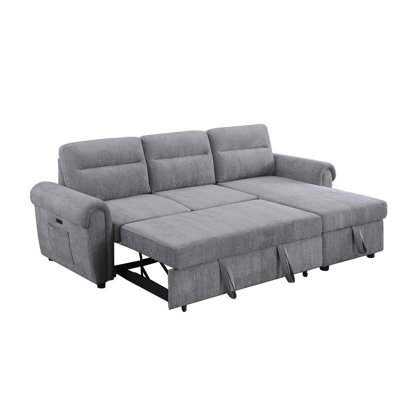 Ugo 97"W Light Gray Chenille Reversible Sleeper Sectional Sofa Chaise With USB Chargers, Phone/Magazine Pockets