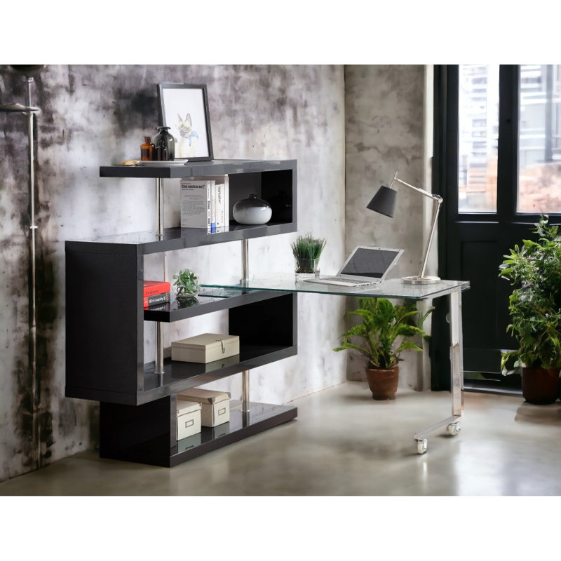 Bureau en verre transparent avec finition chromée ultrabrillante et tablette, Noir