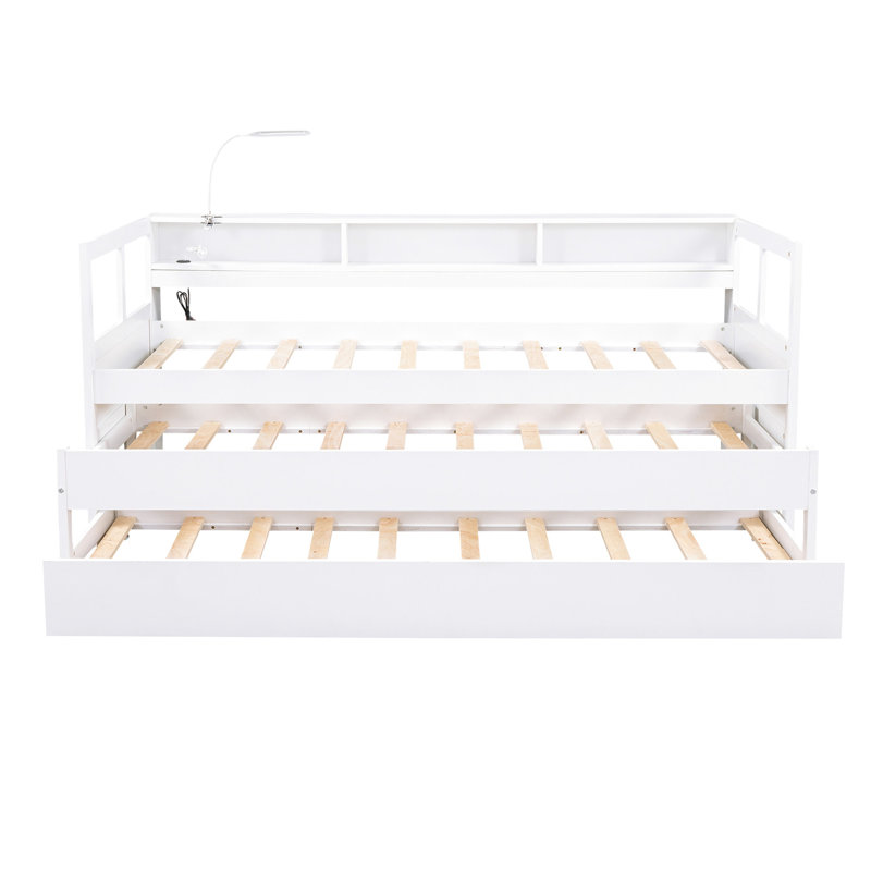 Lit de jour simple TG avec 2 lits gigognes, 3 rangements, port et bois, blanc, espace peu encombrant, structure en bois robuste, économie