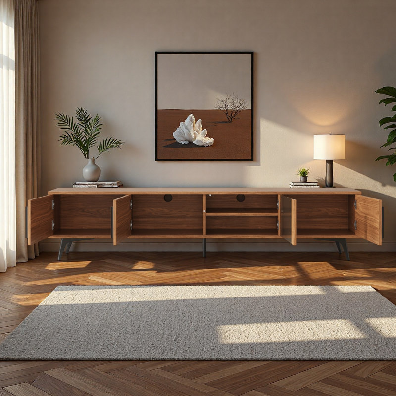 Meuble télé 78 po à grain de bois moderne avec tablettes réglables, trou de gestion des câbles, portes à pousser et pieds robustes en métal