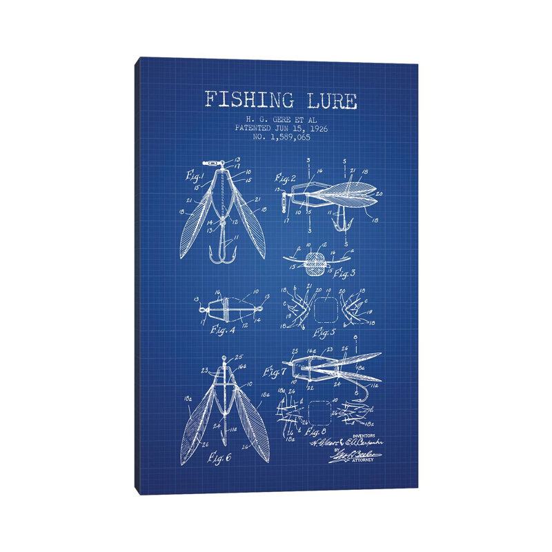 H.G. Gere, Et Al. Fishing Lure Patent Sketch (Blue Grid) by Aged Pixel - Wrapped Canvas Gallery-Wrapped Canvas Giclée