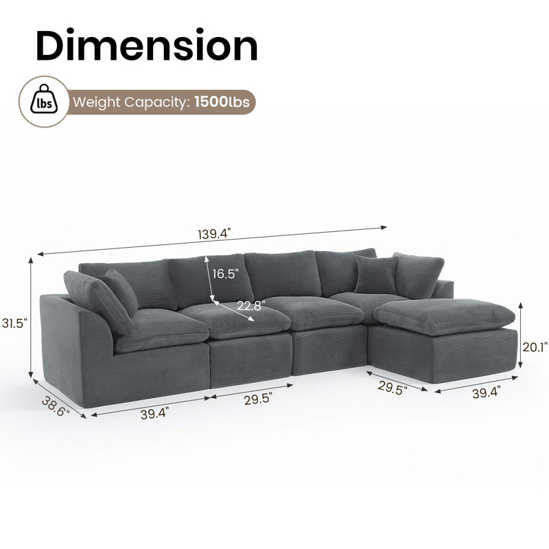 Canapé-lit modulaire en velours côtelé 5 pièces, H 26,4 po x l 177,2 po x P 77,2 po, Velours côtelé gris