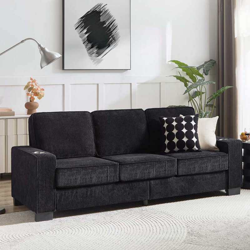 Corduroy Fabric 3-Seater Sofa, Black
