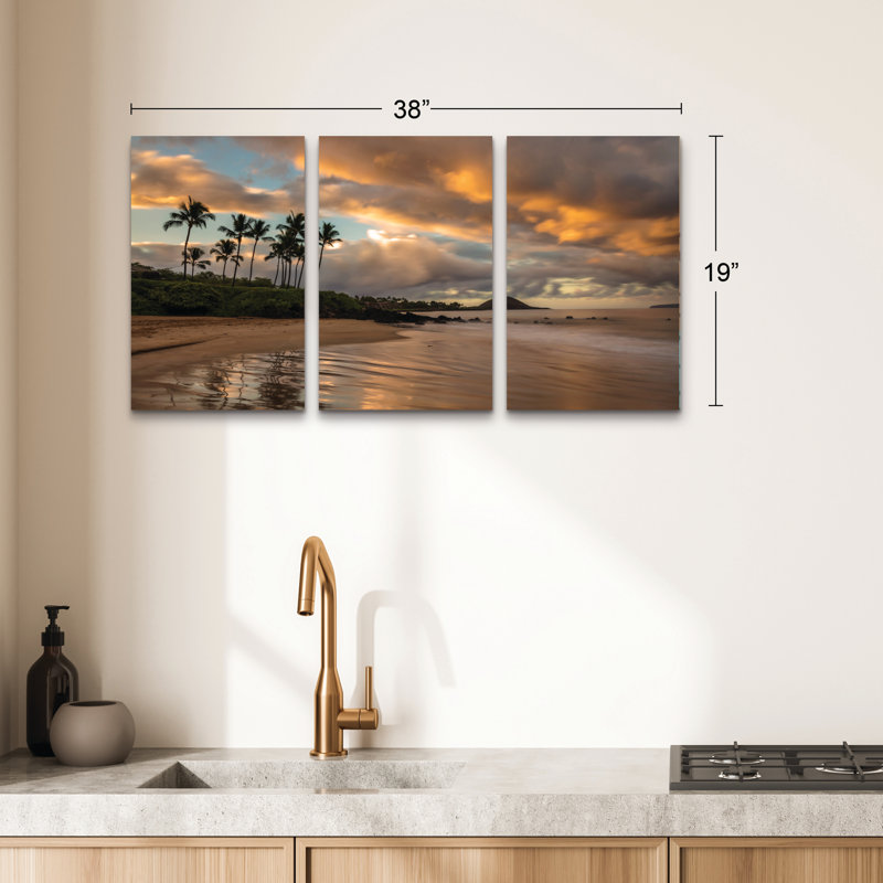 «3 Tropics Sunrise», ensemble d'art mural 3 panneaux pour décor de salon, de chambre à coucher ou de bureau par Pierre Leclerc 