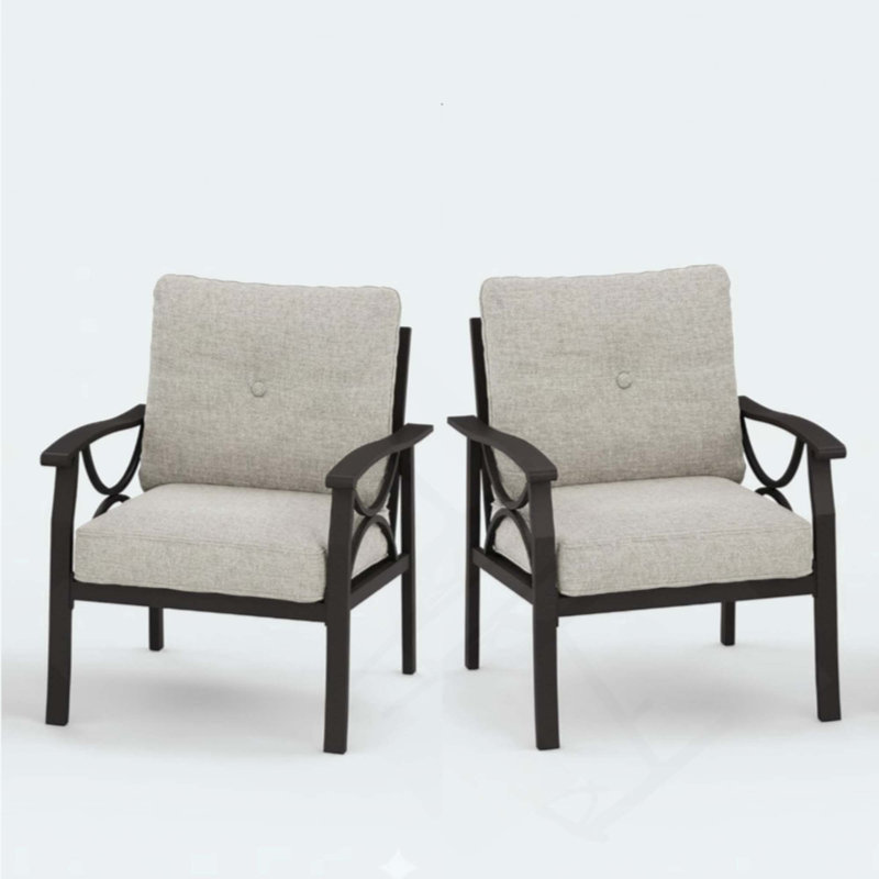 Ensemble de 2 fauteuils en métal toutes saisons, structure avec coussins, Beige, Kaki pâle