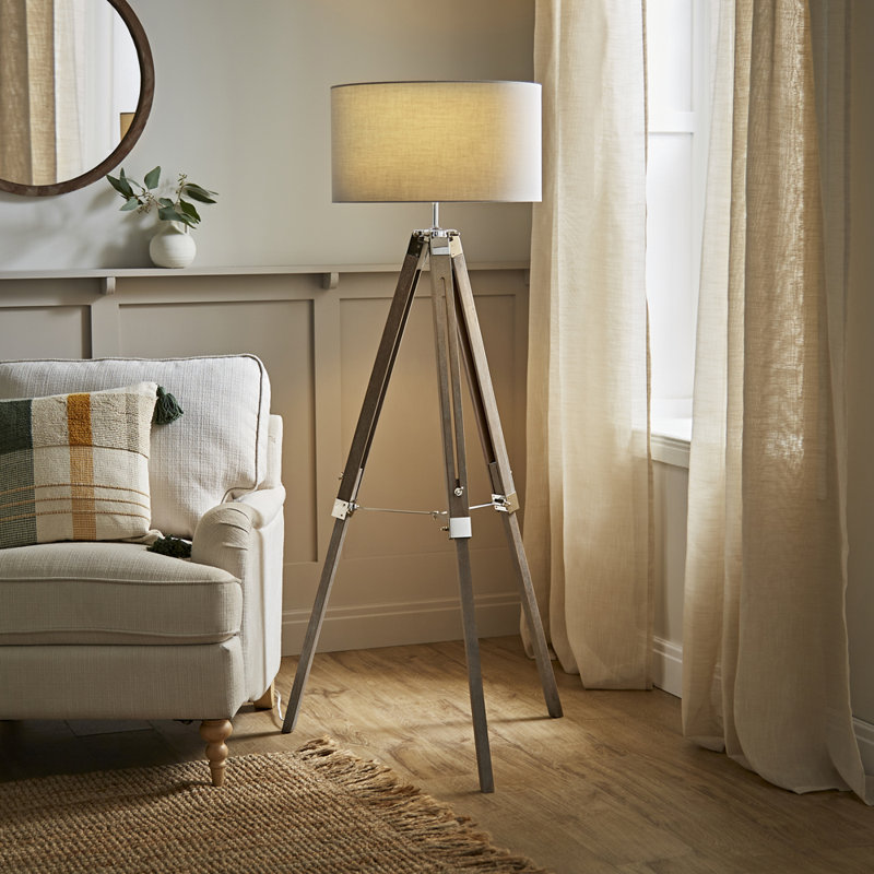 Azeline 143cm Light Wood/Chrome Tripod Floor Lamp, Cool Grey