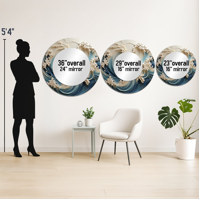 Miroir rond en métal White Wave Papercut Style III - Coastal Waves, 29 po x 29 po