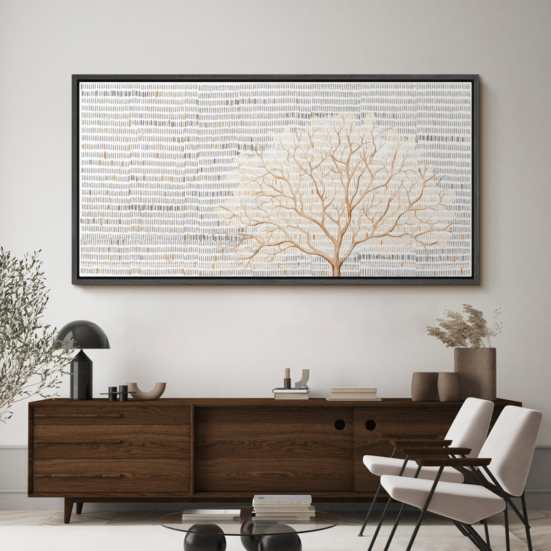 Arbre élégant sur fond de journal rétro beige et blanc, reproduction sur toile, H 30 po x l 60 po, Noir, noir, noir, noir