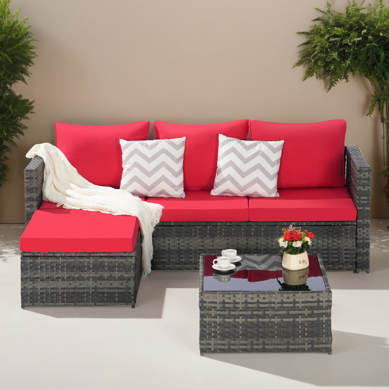 Ensemble de canapé modulaire en rotin pour l'extérieur 3 pièces pour jardin, cour et balcon, Rouge