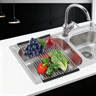 Large Telescopic Dish Drying Rack Over The Sink - Heat-Resistant Roll Up Drain Rack With Super Load-Bearing Capacity - Expandable Stainless Steel Sink Organizer For Kitchen