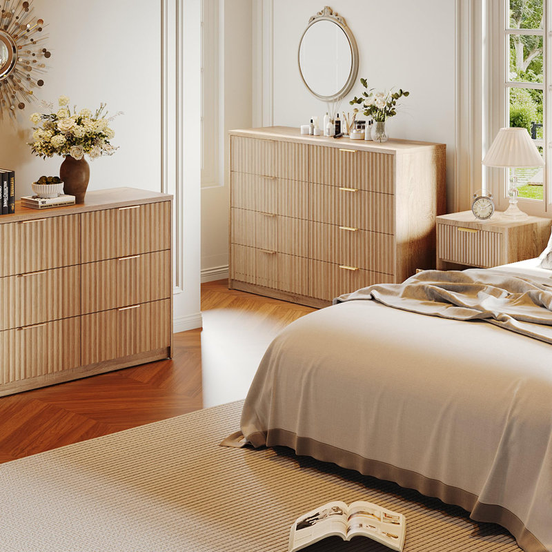 8 Drawer Fluted Double Dresser with Metal Handles, Modern Wood Storage Chest for Bedroom Entryway, Natural