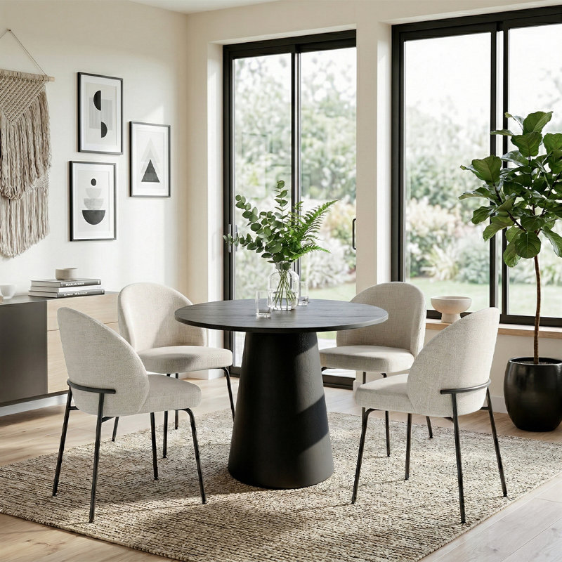 5-Piece Round Dining Table Set For 4 With Black Pedestal Table And 4 Upholstered Chairs, Oatmeal