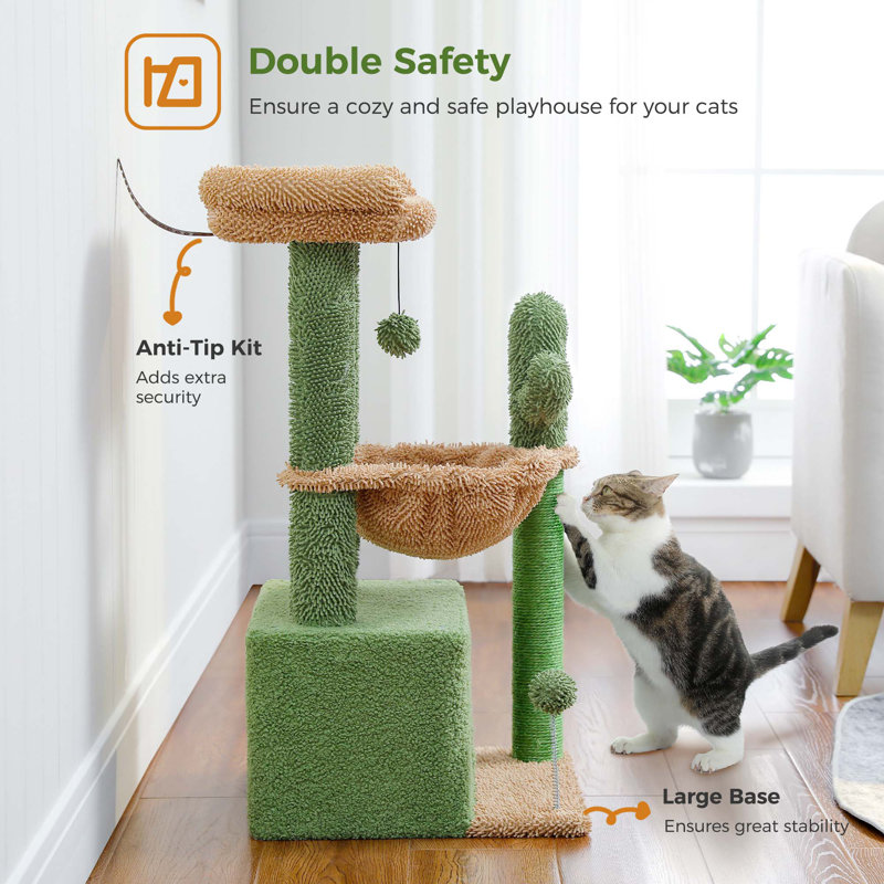 Green and Beige Multi-Level Cat Tower with Hammock and Condo
