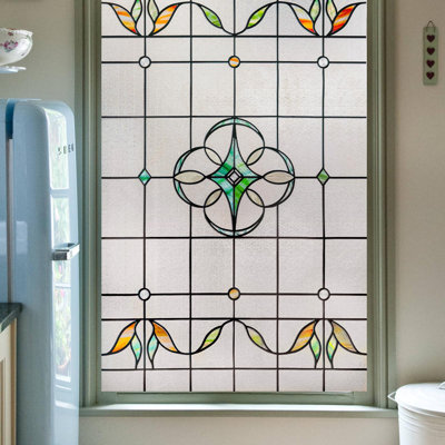 Ohtmeru 3D Stained Glass Window Privacy Film, Heat Control Uv Blocking Static Cling Decorative Window Film For Bathroom,Front Door,Home Non Adhesive,23.6 X 35.4 Inches Verdant Whispers