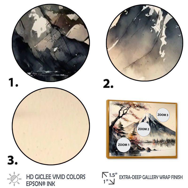 Paysage japonais en aquarelle II - art mural japonais pour le salon, Cadre flottant doré, 12" H x 20" W