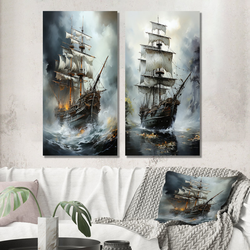 «Stormy Seas Corsairs Pirate Ghost Ship», ensemble de 2 impressions sur toile pirate, Toile tendue, H 40 po x l 41 po
