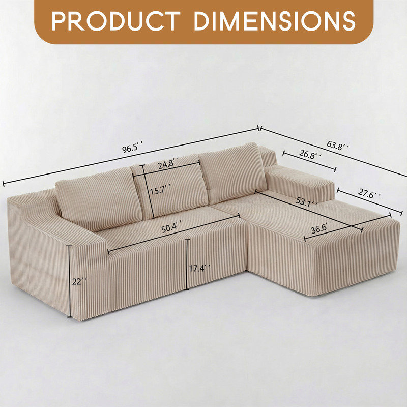Canapé modulaire en L modulaire, ensemble de canapé en velours côtelé, canapé rembourré en mousse pour le salon ou la chambre à coucher, aucun assemblage requis