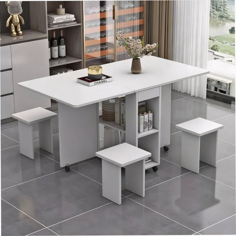 Table de salle à manger pliante à abattants pour 4 personnes avec 4 chaises, table de salle à manger pliable et compacte avec rangement et 6 roulettes, P 47,2 po x l 23,6 po x H 30,3 po, blanc