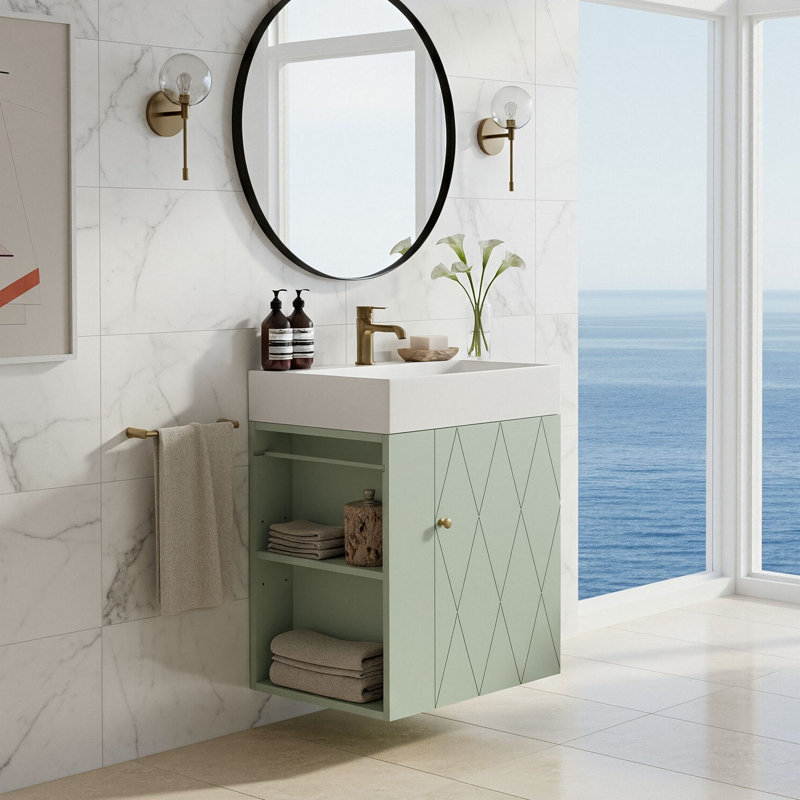 Meuble-lavabo mural 20 po avec lavabo en céramique, porte à motif de losanges, poignée dorée et tablettes latérales, Vert