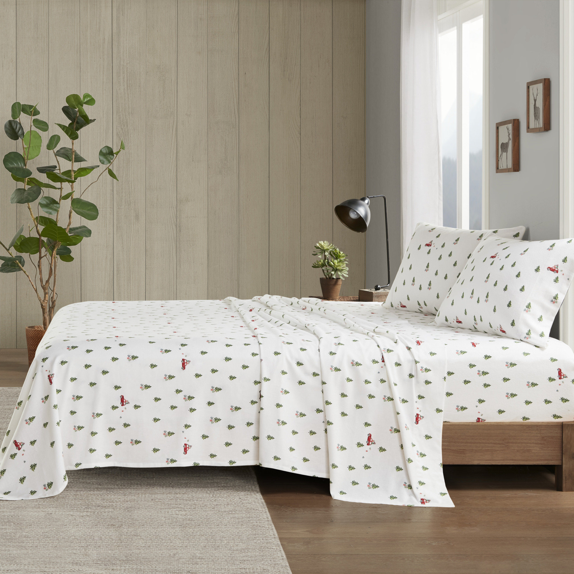 Woolrich 100% Cotton Flannel Sheet Set, Green Tree Trip, California King Sheet Set with 2 Pillowcases
