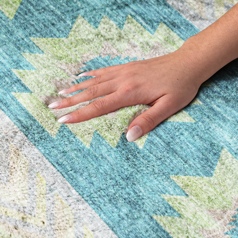 Premium Machine Washable Dream Shag ADS178 Aztec Rug, 2'3" x 7'6" Runner, Peacock