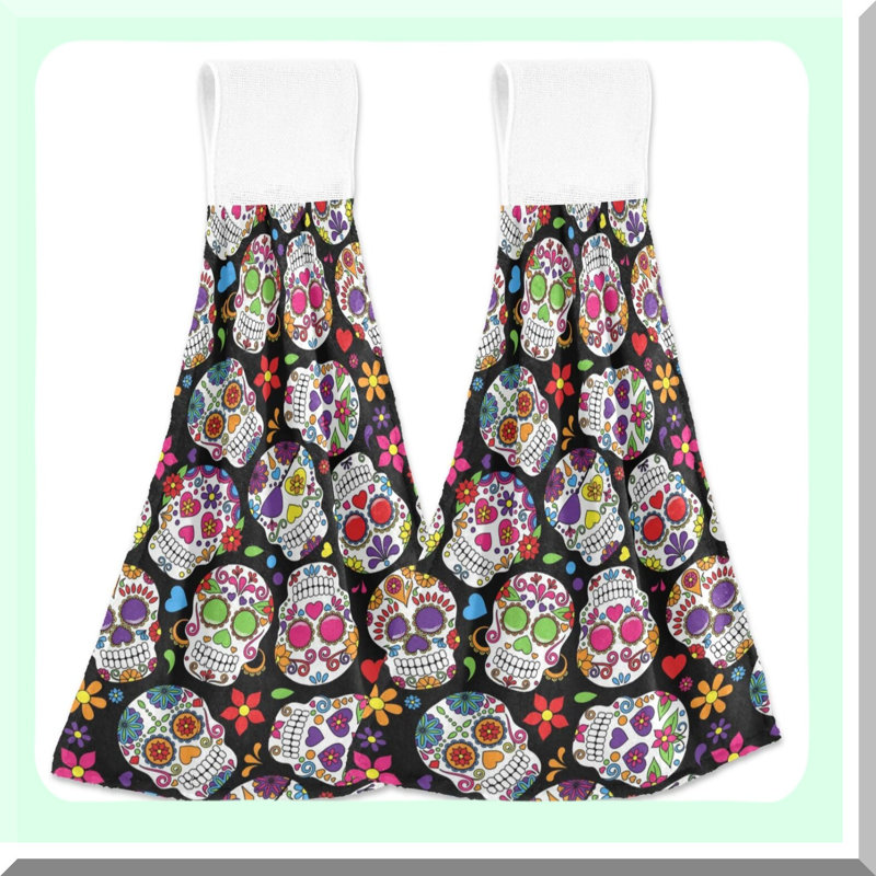 Vibrant Floral Sugar Skull Kitchen Towels - Super Absorbent, Machine Washable, 2-Piece Set with Hanging Loop