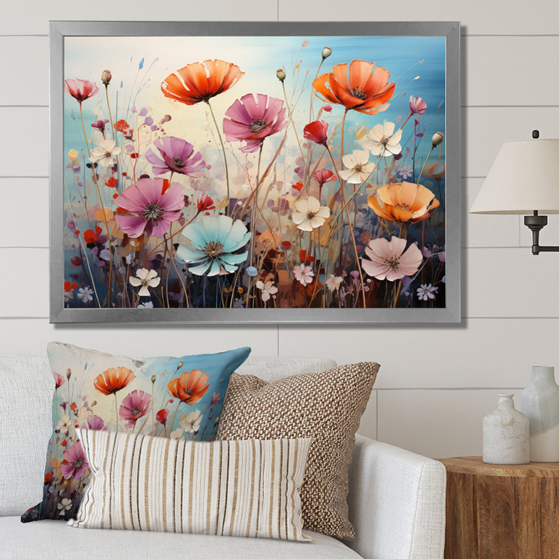 Symphonie florale sauvage, pointillisme, H 34 po x l 44 po x P 1,5 po, Cadre simple argenté