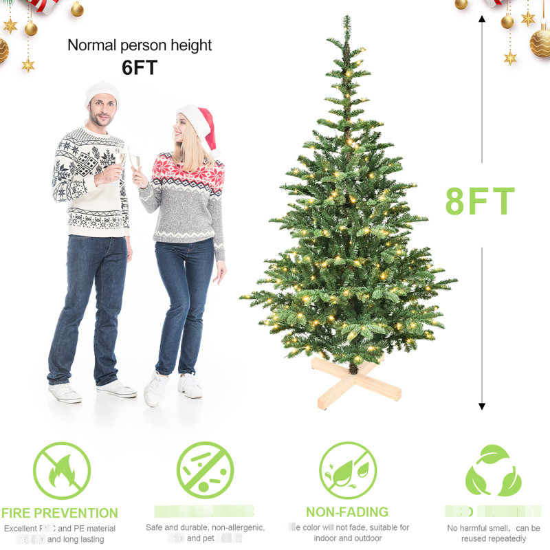 Arbre de Noël artificiel 7 pi par 400 blanc chaud, 941 branches, base en bois pour installation à la maison avec lumières à DEL, décor de fêtes Pe +